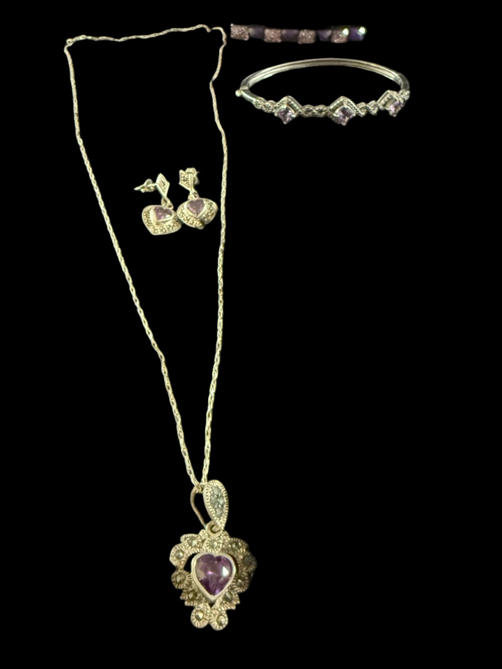Sterling Silver Vintage Marcasite Amethyst Necklace Bangle Earrings Hair Clip